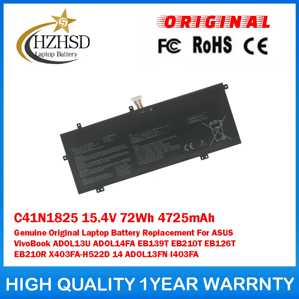 

C41N1825 15.4V 72Wh 4725mAh Genuine Original Laptop Battery Replacement For ASUS VivoBook ADOL13U ADOL14FA EB139T EB210T EB126T