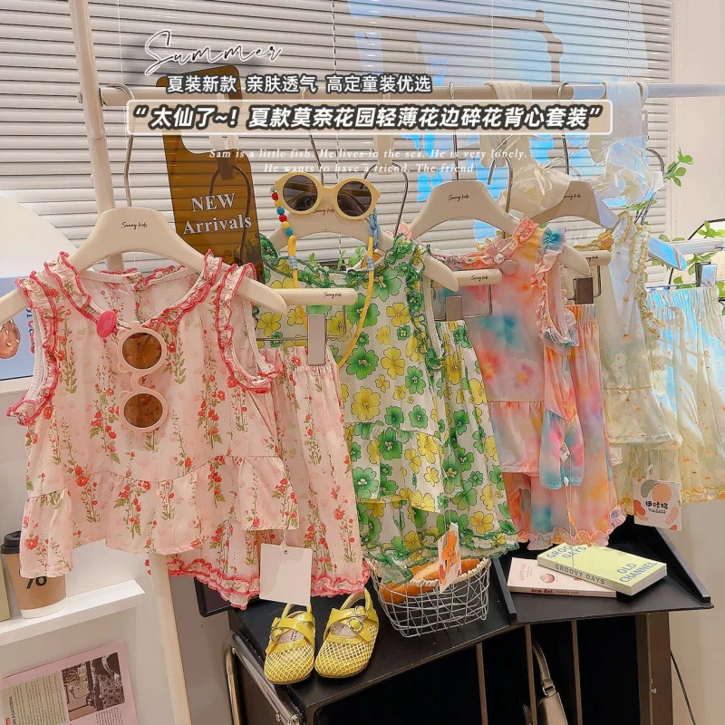 Cute Mother Daughter Pajamas Set for Family Matching Clothe Outfits Sleeveless Mom Girls Floral Print Mian silk Vest Shorts Suit