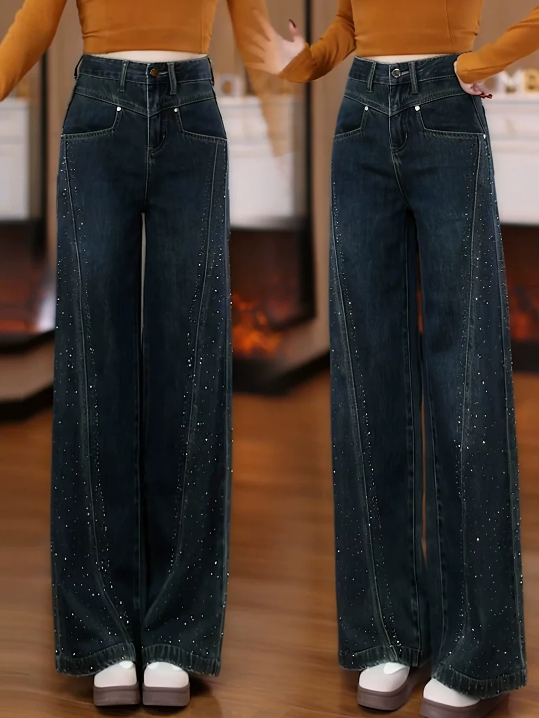 Fashionable Fleece Lined Wide Leg Denim Jeans Women's Winter New Style High Waist Slimming Loose Casual Straight Leg Trousers