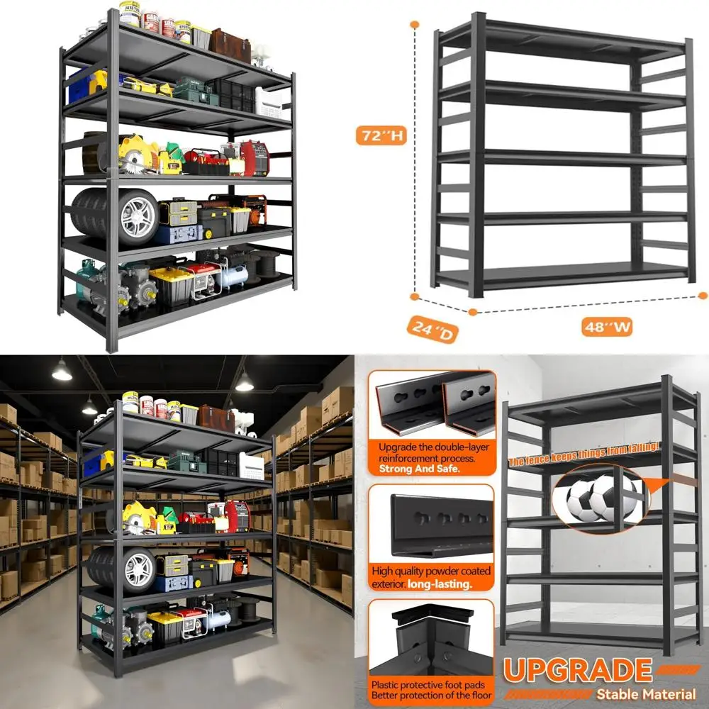 Heavy-Duty Adjustable 5-Tier Garage Shelving, 3000 lbs Capacity, Black Storage Rack for Utility, Basement, Kitchen Use