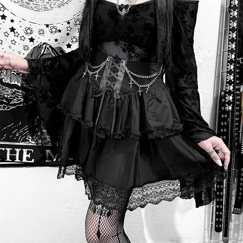 Gothic Black Skirt Sexy Cute Mini Women Drawstring Folds High Waist Irregular Ruffle Patchwork Fairycore Short Skirts Mori Girl