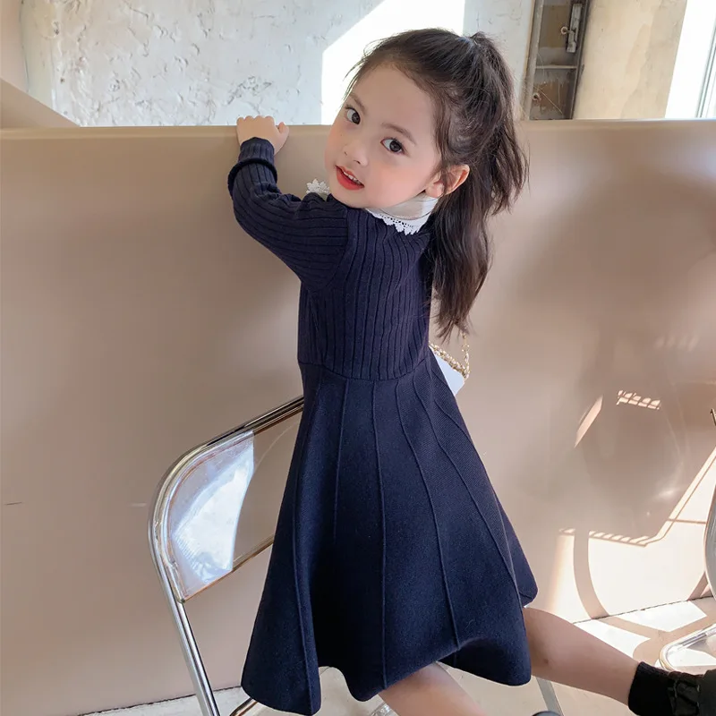 Girls 2024 Spring and fall new baby girls Academy woolen dress Children's long-sleeved lapel style sweater dress size 90-140