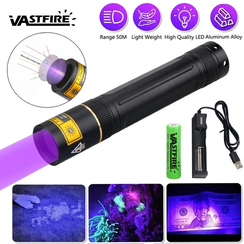 

5W 365nm UV LED Flashlight Ultraviolet UV Torch Blacklight Purple Lantern Pet Dog Cat Urine Stains Detector+18650+USB Charger