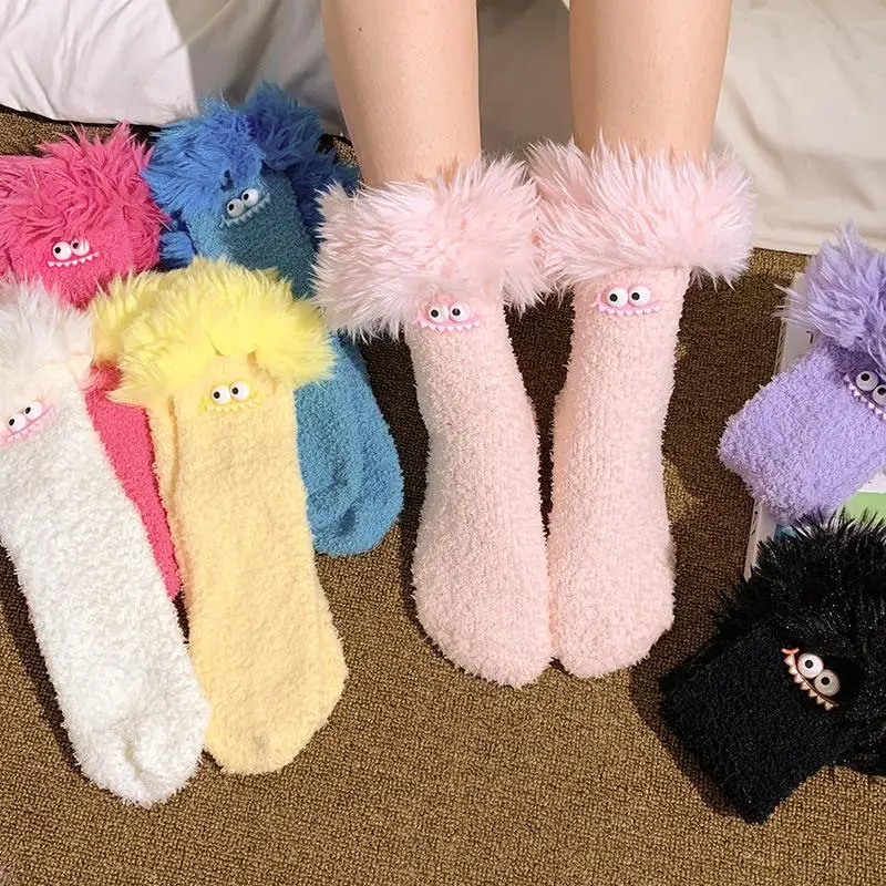 Crazy Big Mouth Monster Plush Socks Thickened Coral Fleece Cartoon Sleep Socks Winter Warm Soft Home Socks For Women Girls