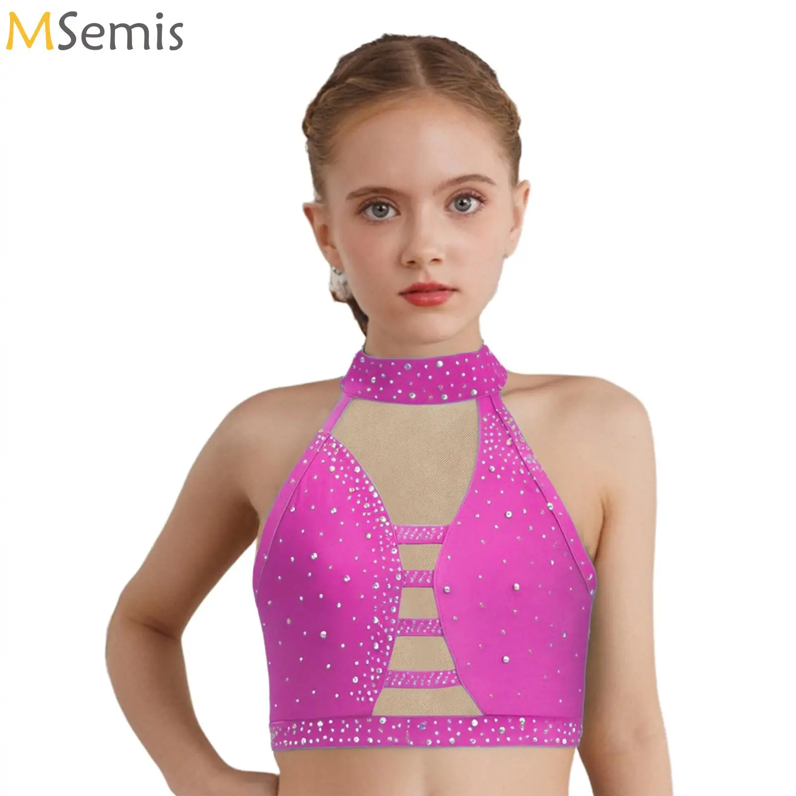 

Kids Girls Ballet Dance Vest Modern Lyrical Latin Dance Crop Top for Stage Performance Competition Crisscross Mesh Camisole