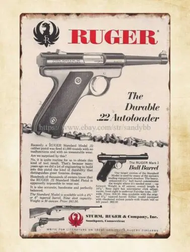 1960's RUGER .22 Cal Autoloader Pistol Revolver firearm Gun AD metal tin sign