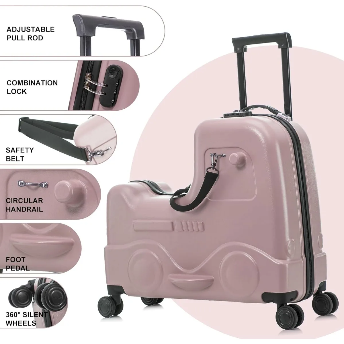 Kids Ride On Luggage with Safety Belt,Tollder Luggage with Spinner wheels and Luggage Cover (Pink)