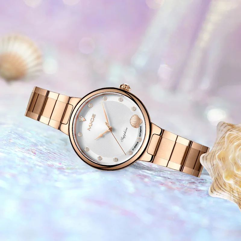 Elegant MIGE Ladies Automatic Watch, Rose Gold Steel Bracelet, White Dial Shell Pattern, Rhinestone Index Women Mechanical Wrist