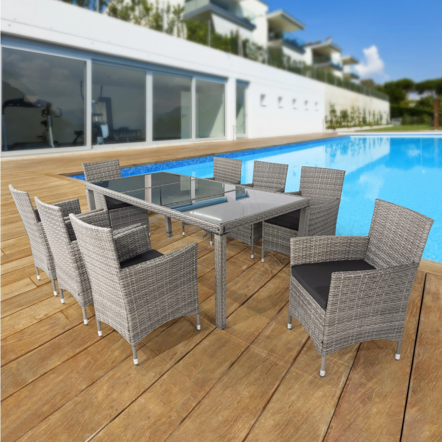 

9 piece Outdoor Patio Wicker Dining Set Patio Wicker Furniture Dining Set Glass Top Grey