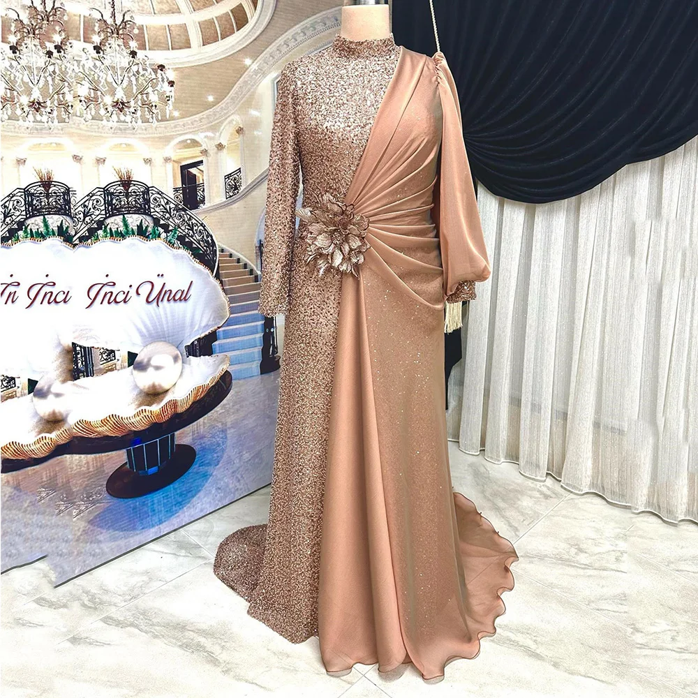 

Elegant High Long Sleeve Straight Prom Gown Middle Eastern Dress Appliques Evening Dresses فساتين للحفلات الراقصة