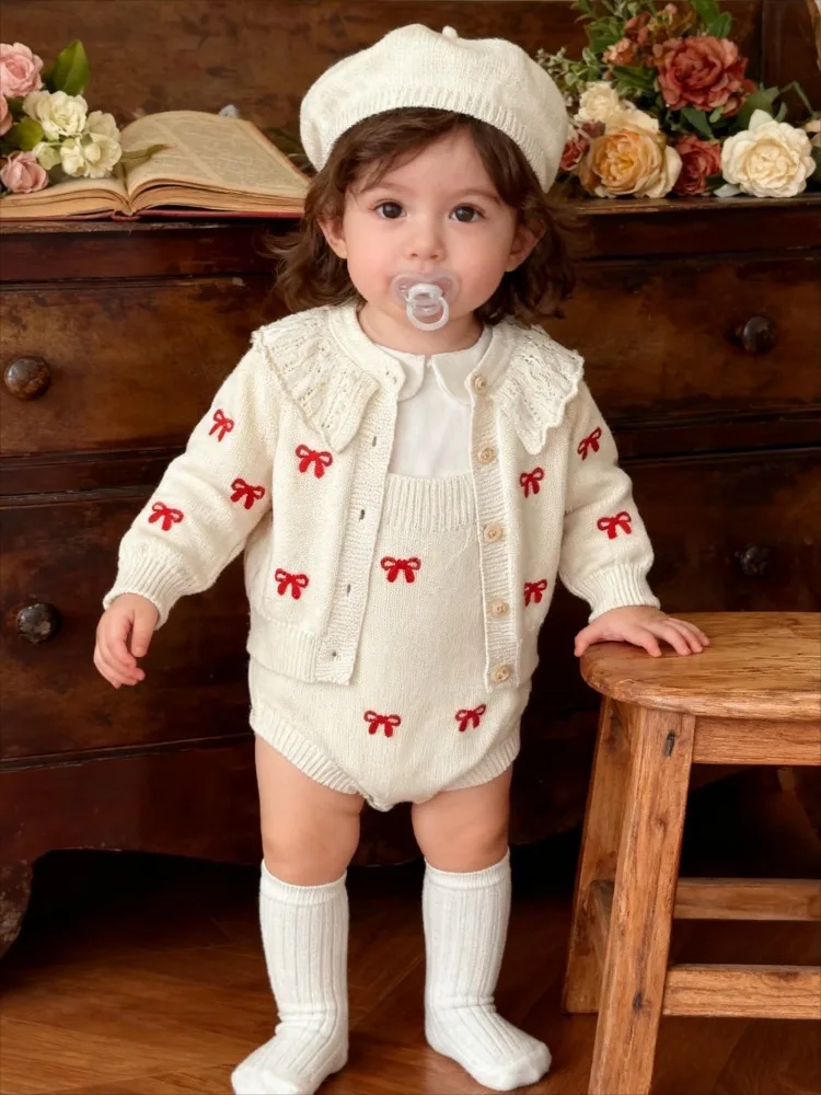 

Korean baby coat embroidered knit cardigan baby lapel single breasted Bow sweater cotton yarn princess tops jumpsuit 2-piece set