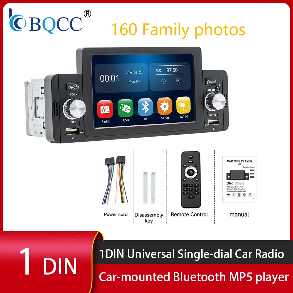 BQCC 160 5 Inch HD IPS Screen Car MP5 Player Wired Wireless CarPlay Android Auto Universal Single Din Car Stereo Radio