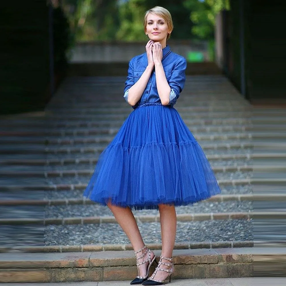 

Royal Blue Multi-Layers Tulle Skirts For Women Knee Length Female Tulle Underskirt Girl Short Princess Christmas Tutu Skirt