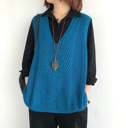 Sweater Women Pullover Top Loose Hollow Out Sleeveless Vest Ladies Jumper Spring Autumn Retro Waistcoat Female Knitwear