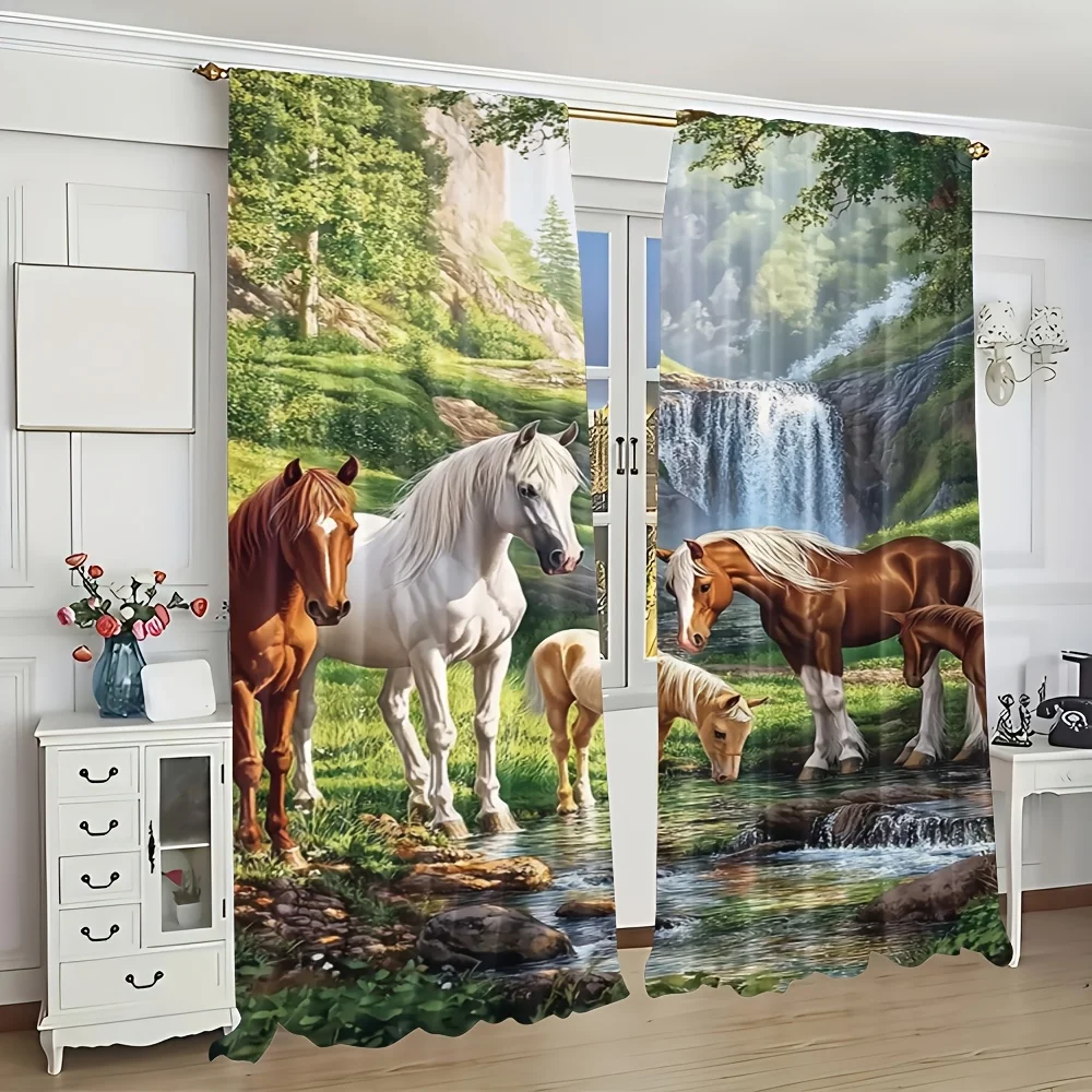 2 Panels 3D Horse Printed Curtains Waterfall Landscape Polyester Living Room Bedroom Window Drapes Home Decor
