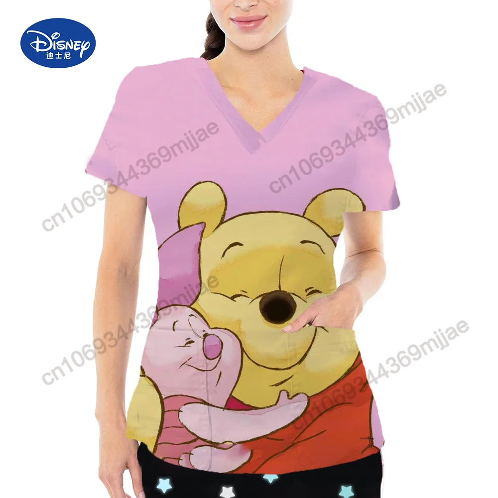 2024 Summer New Pretty Disney Cartoon pattern Double Pocket V-Neck Design Style Comfortable Clothing Female nurse\'s uniform