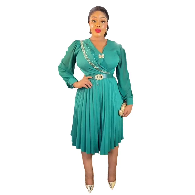 Summer African Pleated Dresses for Women African V-neck Long Sleeve Polyester White Green Black Dress African Clothes L-3XL