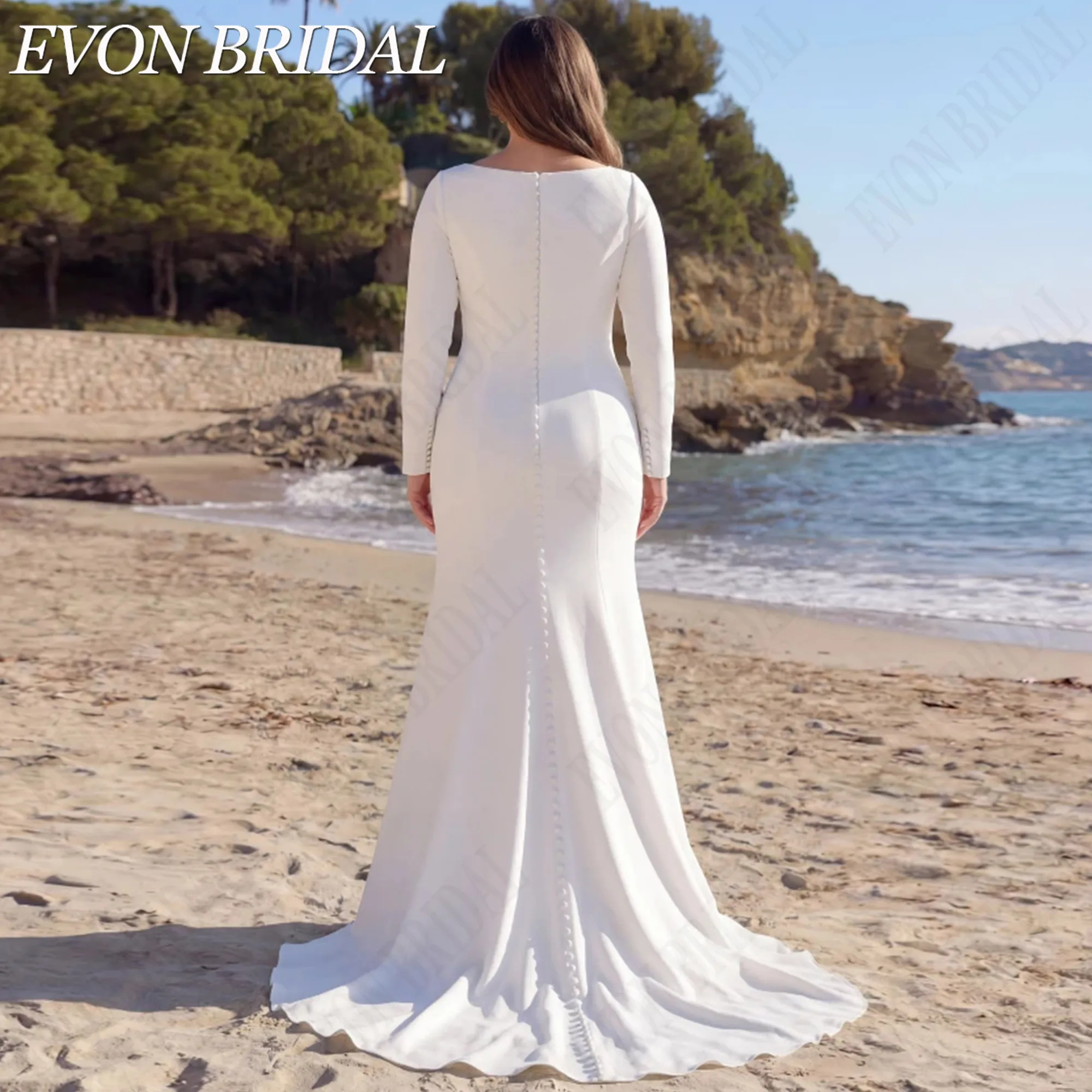 EVON BRIDAL Classic Long Sleeves Satin Customized Wedding Dress Plus Size Mermaid Side Split Bride Dresses V-Neck Bridal Gown