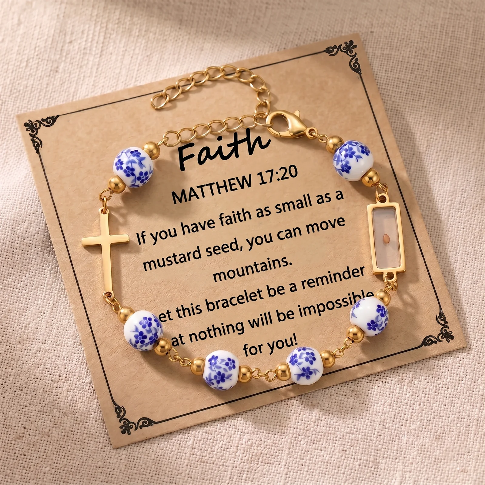 Faith Christian Bracelet with Mustard Seed Charm, Blue Floral Beads & Cross Pendant, Matthew 17:20 Quote Card Religious Jewelry