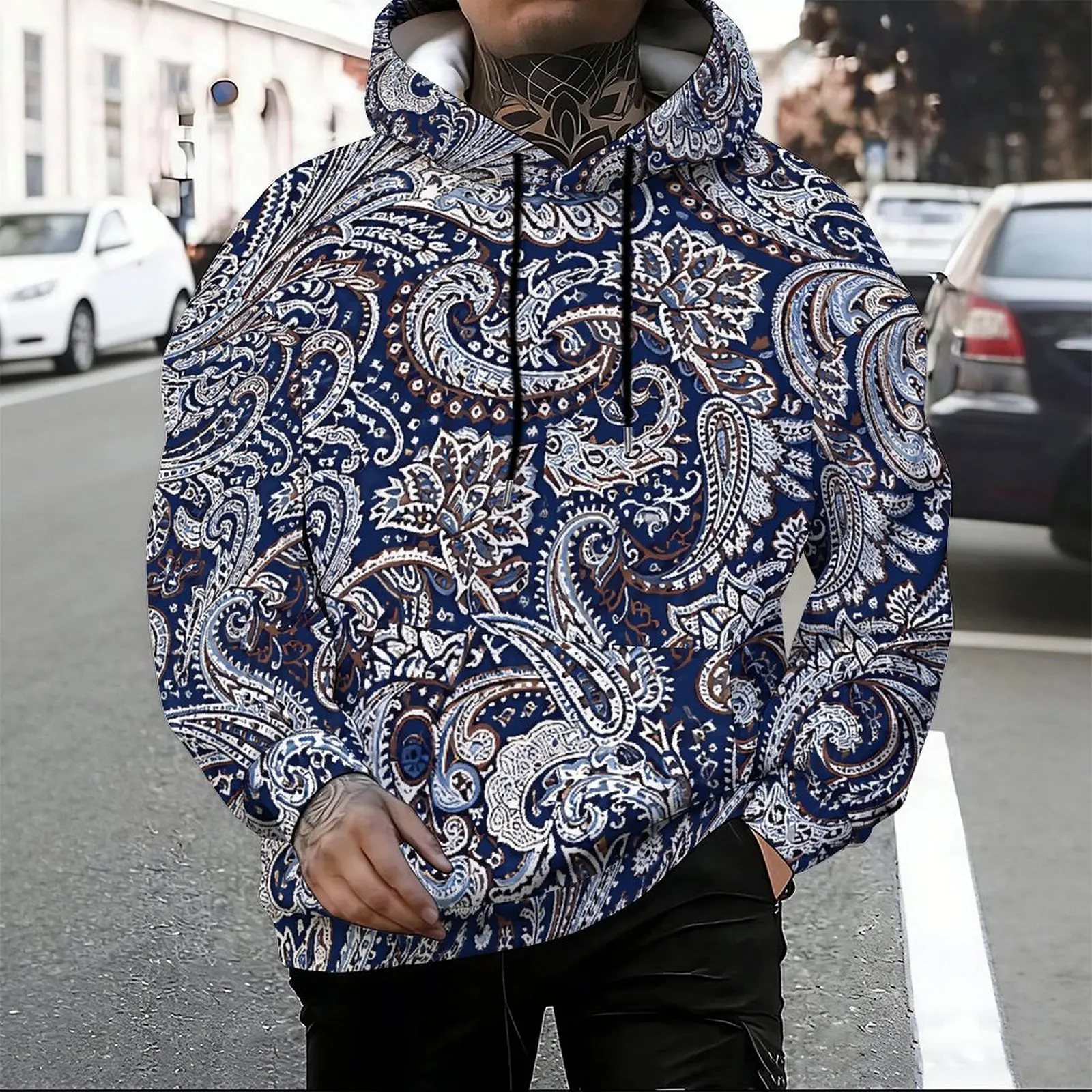 Men Blue Dominant Ethnic Paisley Floral Geometric Printed Long Sleeve Pullover Hoodie
