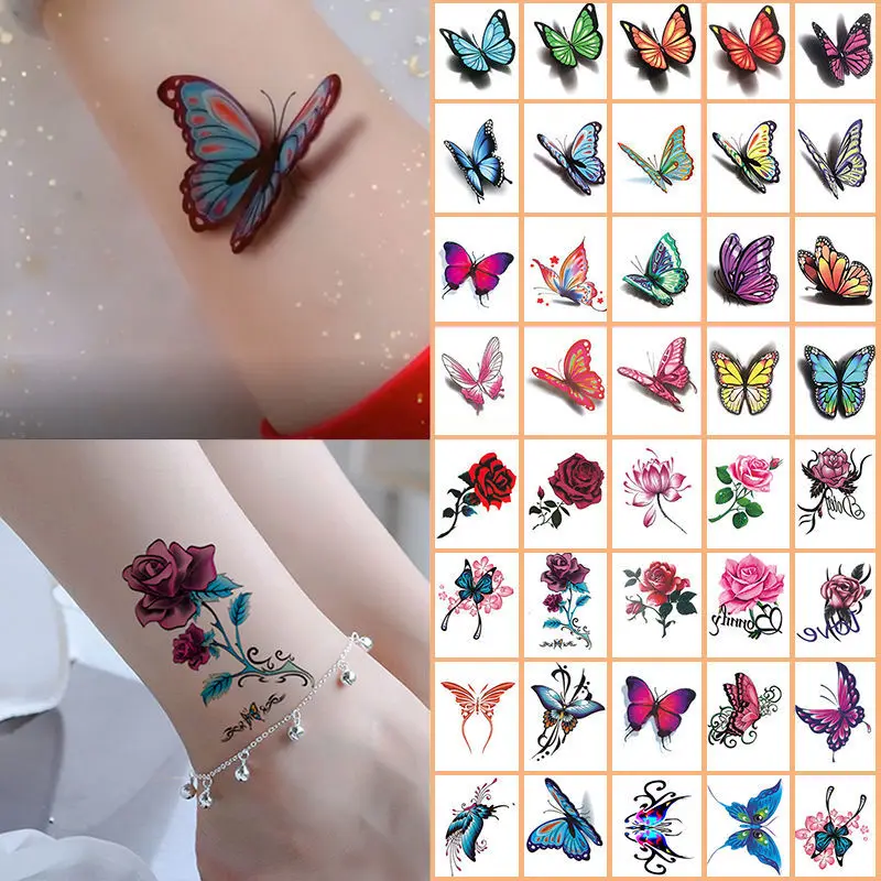 40pcs Temporary Tattoo Stickers Rose Butterfly 3D Waterproof Tattoo,Flowers Stickers,Body Tattoo Art Stickers Kit