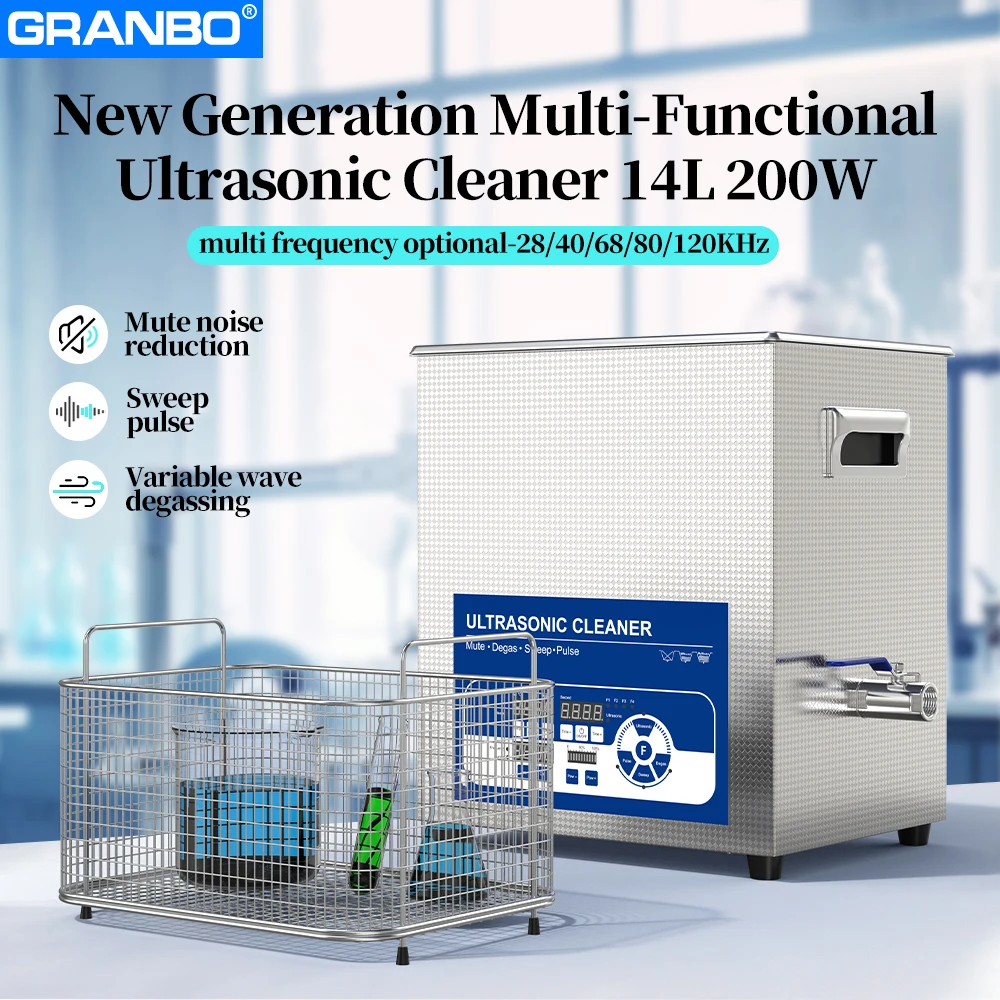 

Granbo Laboratory Cleaning Device 14L 200W Ultrasonic Cleaner 28/40/68/80/120KHz Multi-Frequency Sweep Pulse Mute Design