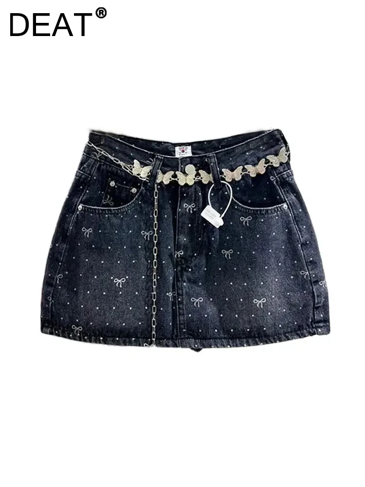 DEAT Women's Denim Skirt Bow Knot Polka Dot Printed Butterfly Chain A-line High Waist Mini Skirt 2024 Summer New Fashion 29L8051