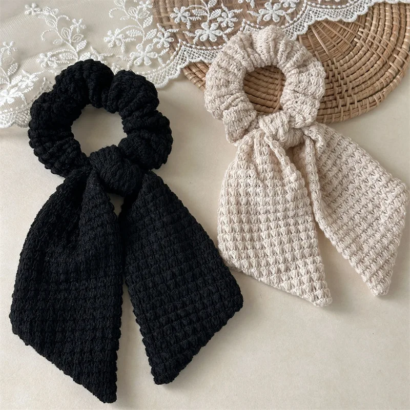 1 Stück Strickschal-Haargummis, schwarz-beige Haargummis, weiche strukturierte Schleife, Haarschmuck, stilvolle tägliche Haardekoration, trendiges Damenhaar