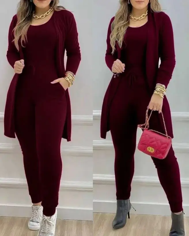 Macacão sem mangas com gola redonda, casaco longo, frente aberta, roupa casual, moda primavera, design de bolso, conjunto de 2 peças, 2023