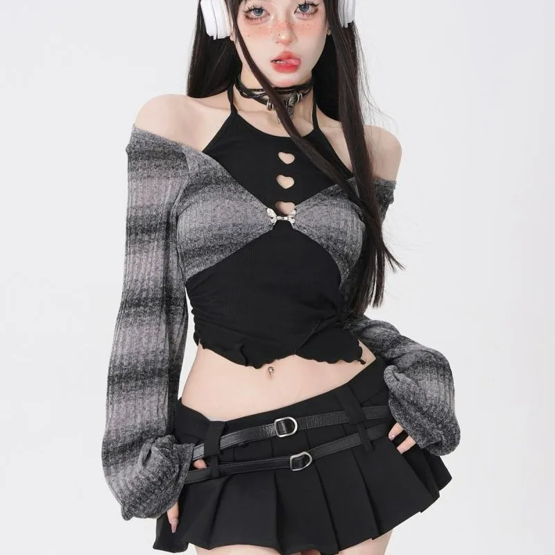 Autumn Sexy Kawaii Two Piece Sets Women Slash Neck Tops Cute Mini Skirt Female Korean Fashion Off Shoulder Sweet Y2k Suits 2024