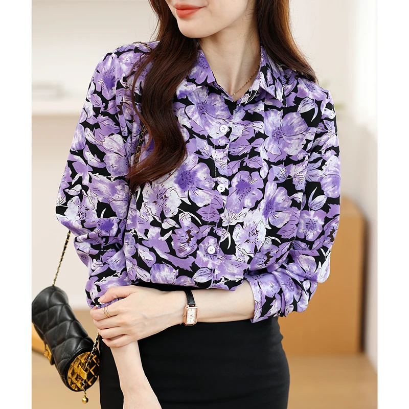 Casual Vintage Spring Pourple Rose Printed Blouse For Women Luxury Long Sleeve Shirts Woman Elegant Office Top Female Vc16