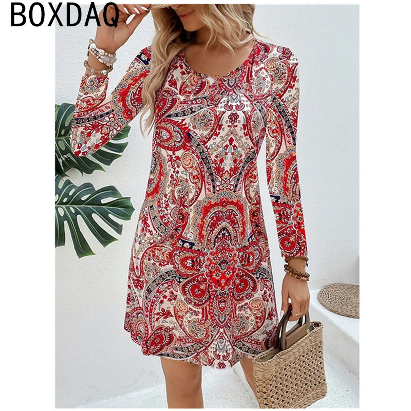 Fashion Streetwear Outdoor Casual Dress Big Size 3XL Women Autumn Long Sleeve O-Neck A-Line Dress emale 3D Vintage Printed Dress