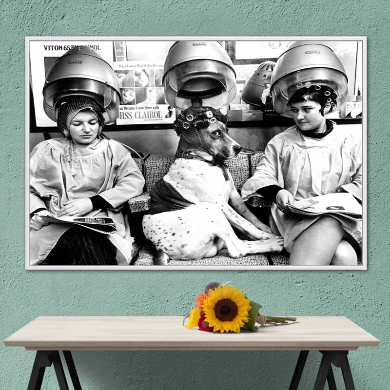 Black And White Vintage Europe Beauty Salon Poster Prints Funny Dog With Curlers At The Hairdresser Canvas Painting Wall Art