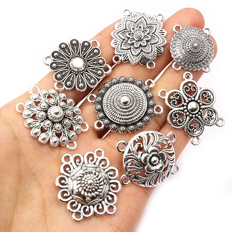 10pcs Antique Silver Plated Boho Vintage Flower Connector Charms Pendant DIY Jewelry Making Accessories Findings  image 2