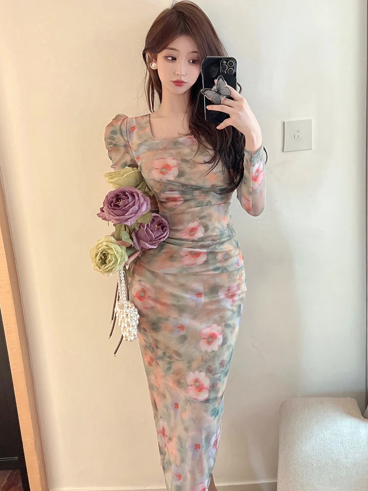 Otoño Invierno Boho Floral malla cuello cuadrado vestido largo mujeres elegante Casual Holiaday vestidos 2025 coreano Chic vestido de estilo de playa