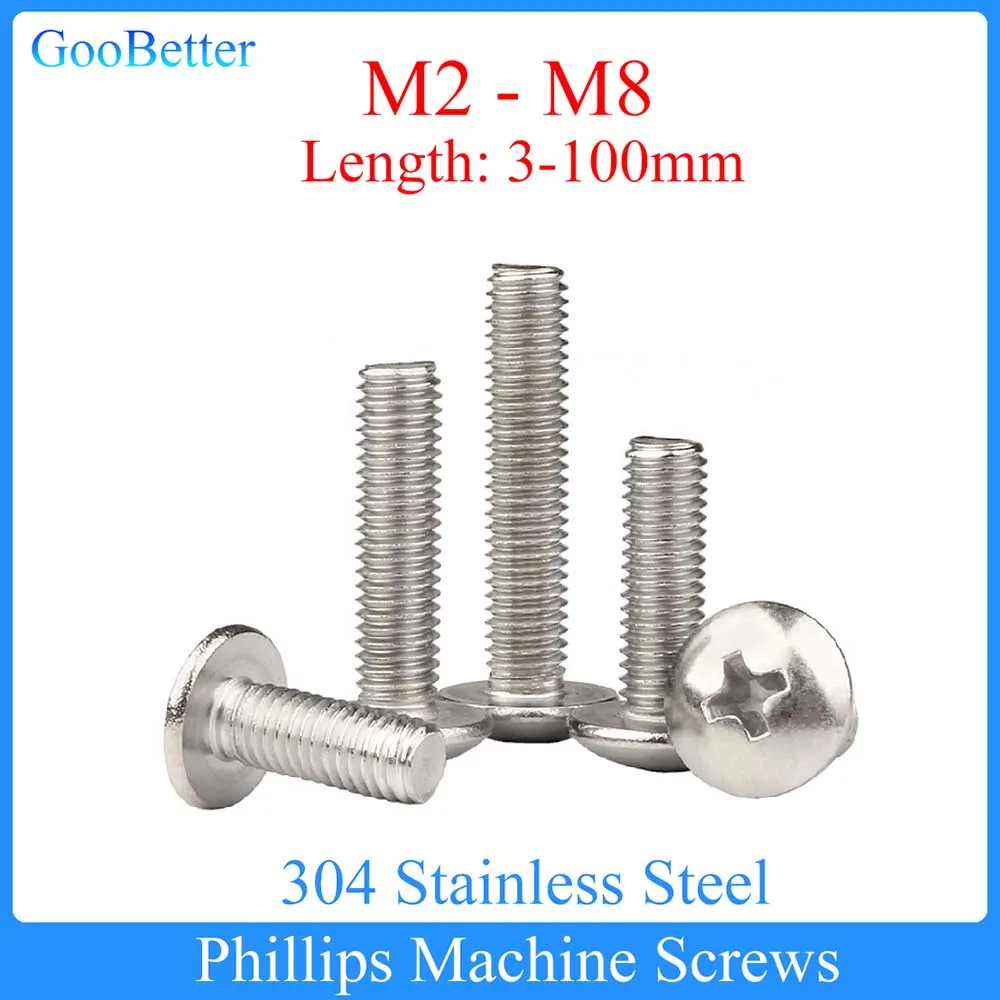 

20/50Pcs Phillips Semicircle Head Machine Screws M2 M2.5 M3 M4 M5 M6 M8 304 Stainless Steel Large Pan Head Cross Bolt L=3-100mm