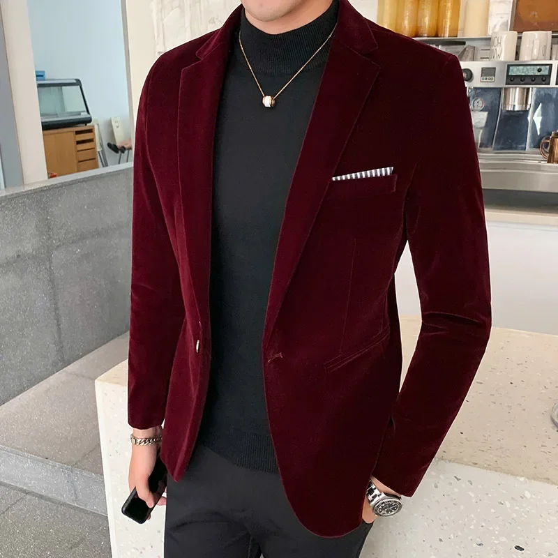 

Men Wedding Groom Singer Costume Slim Blazer Formal Wear Dress Burgundy Velvet Blazers Fashion Casual Suits Jackets JJ546