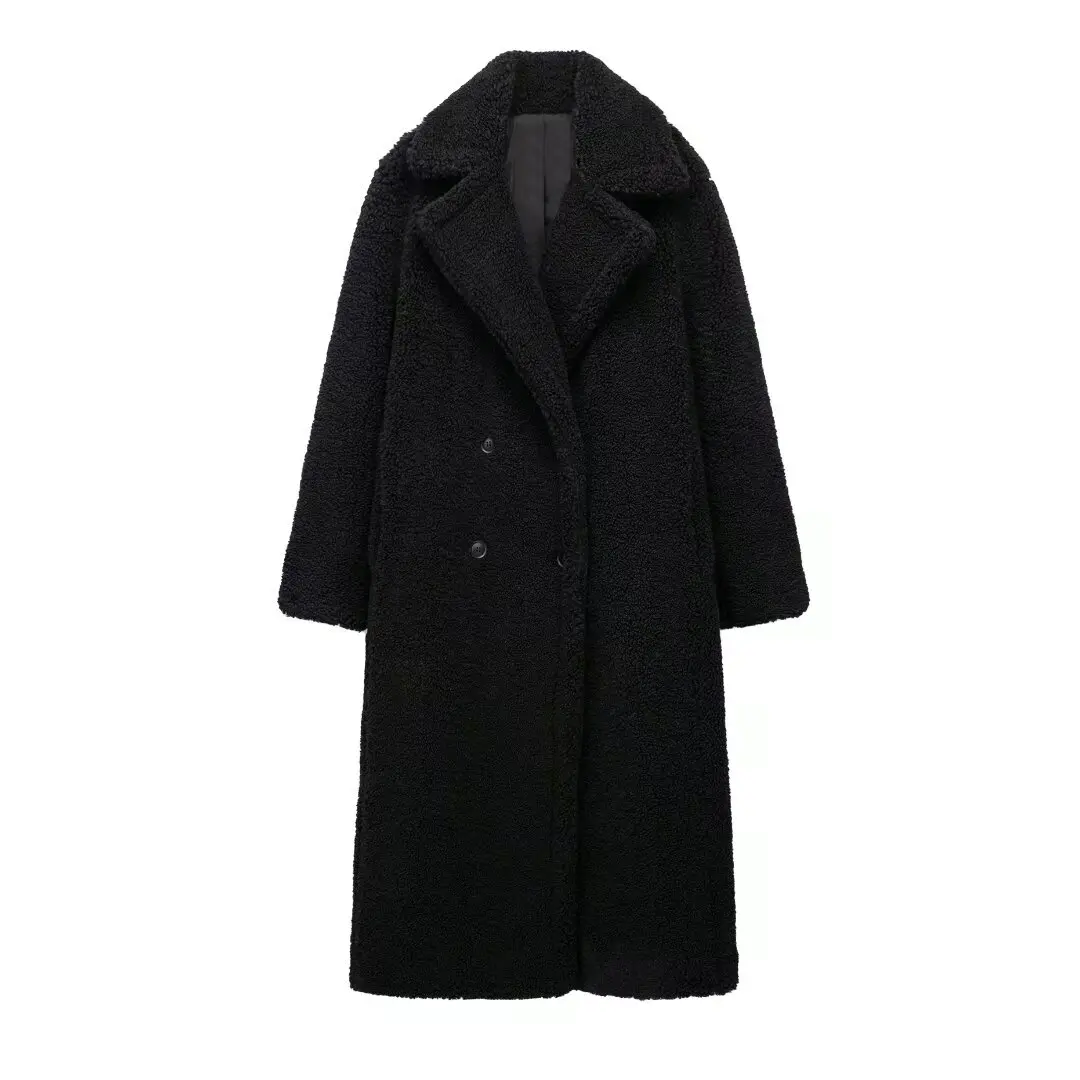 New winter style lapel double-breasted long sherpa coat for women fashionable and versatile warm top