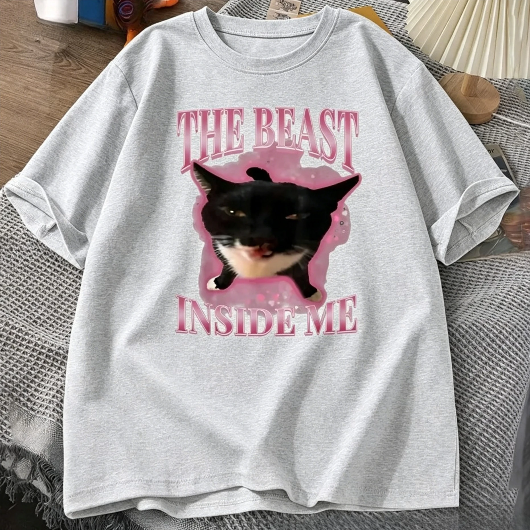 New The Beast Inside Me Cotton T-shirts women men Cute Silly Cat Funny Humor Short Sleeve Round Neck Aesthetic Clothes