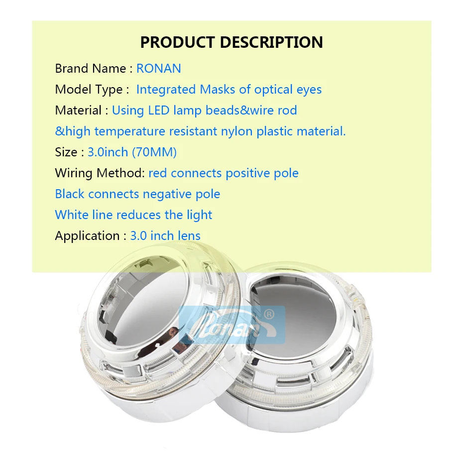 2PCS RONAN 3.0inch Integrated LED Optical Angel Eyes Silver Shrouds White Color for 3.0 Bi-xenon or Bi-led Lens