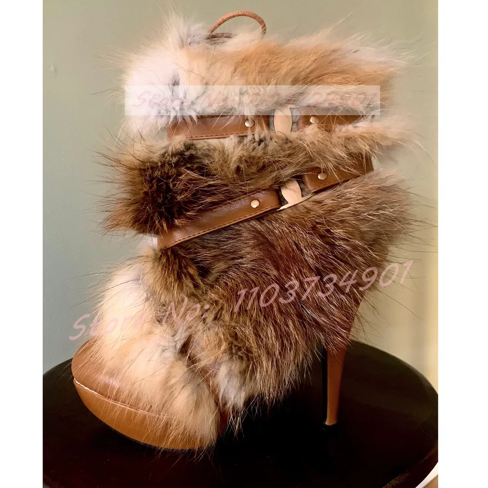 Real Fur Round Toe Belt Buckle Ankle Boots Women Sweet Fashion Platform Zipper High Heeled Shoes Lady Nifty Party Big Size Boots