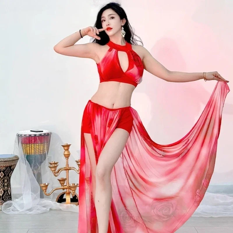 Trajes de dança do ventre personalizados, roupa de prática, conjunto de saia gradiente rosa sonhadora, traje de dança oriental, conjunto de performance
