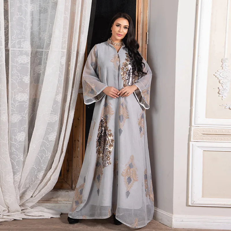 

Eid Abayas Sequins Mesh Embroidery Women Dubai Abaya Muslim Dress Kaftan Islamic Clothing Jalabiya Turkey Ramadan Evening Gown