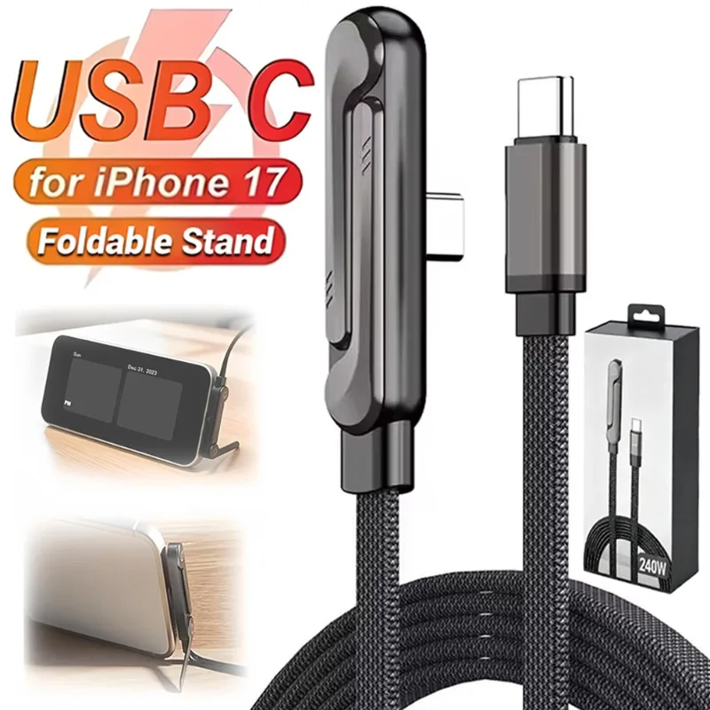 

USB-C USB Flat Type C Charging Cable with Invisible Support Stand Foldable Phone Holder 240W C-type Charge Bracket Kick Cable