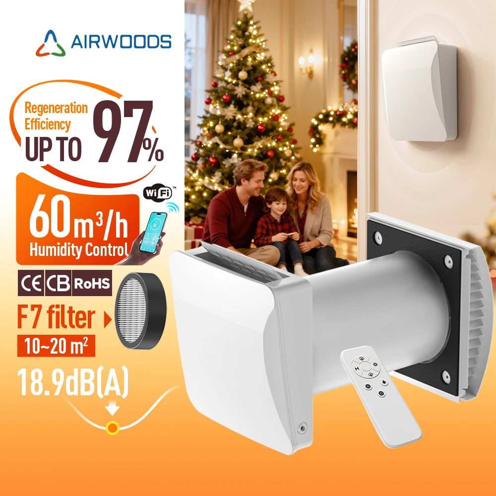 

Wall Mounted Residential ERV With 97% Efficiency Silent Reversible Fan For Small Home Bedroom Fresh Air Recuperator Ventilation