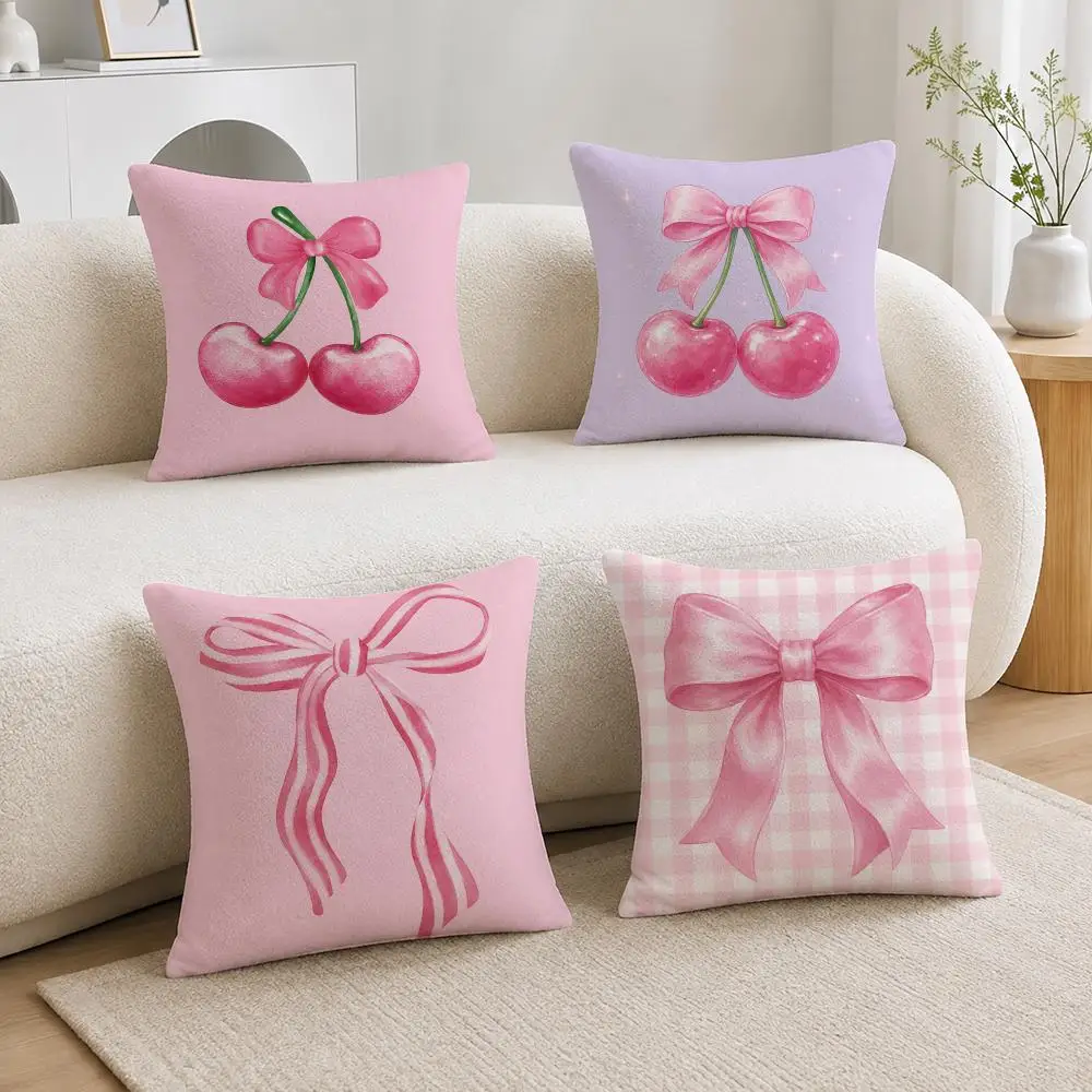 Sweet Aesthetic Pink Bow Cherry Cushion Cover Soft Fluffy Short Plush  Pillow Case  Sofa Bed Home Decor