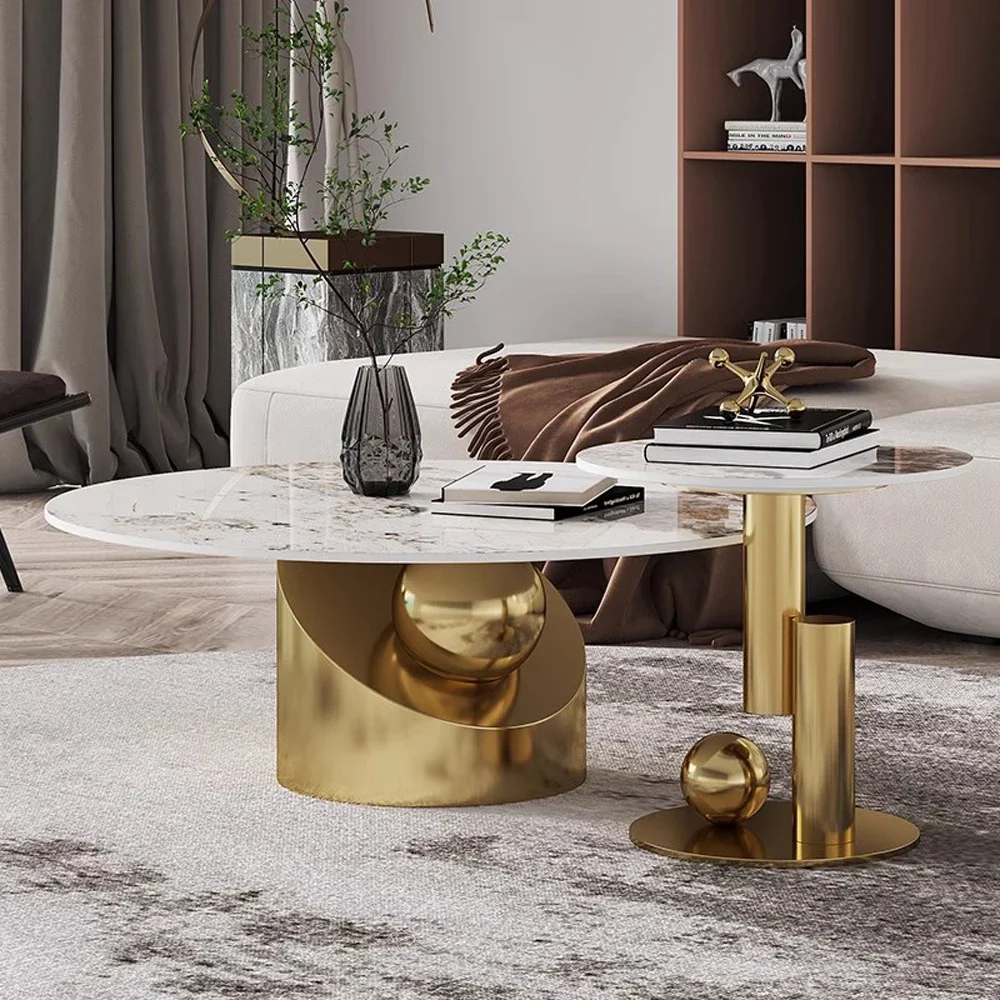 Luxury home commercial furniture white and gold coffee table round sintered stone coffee table with side stool