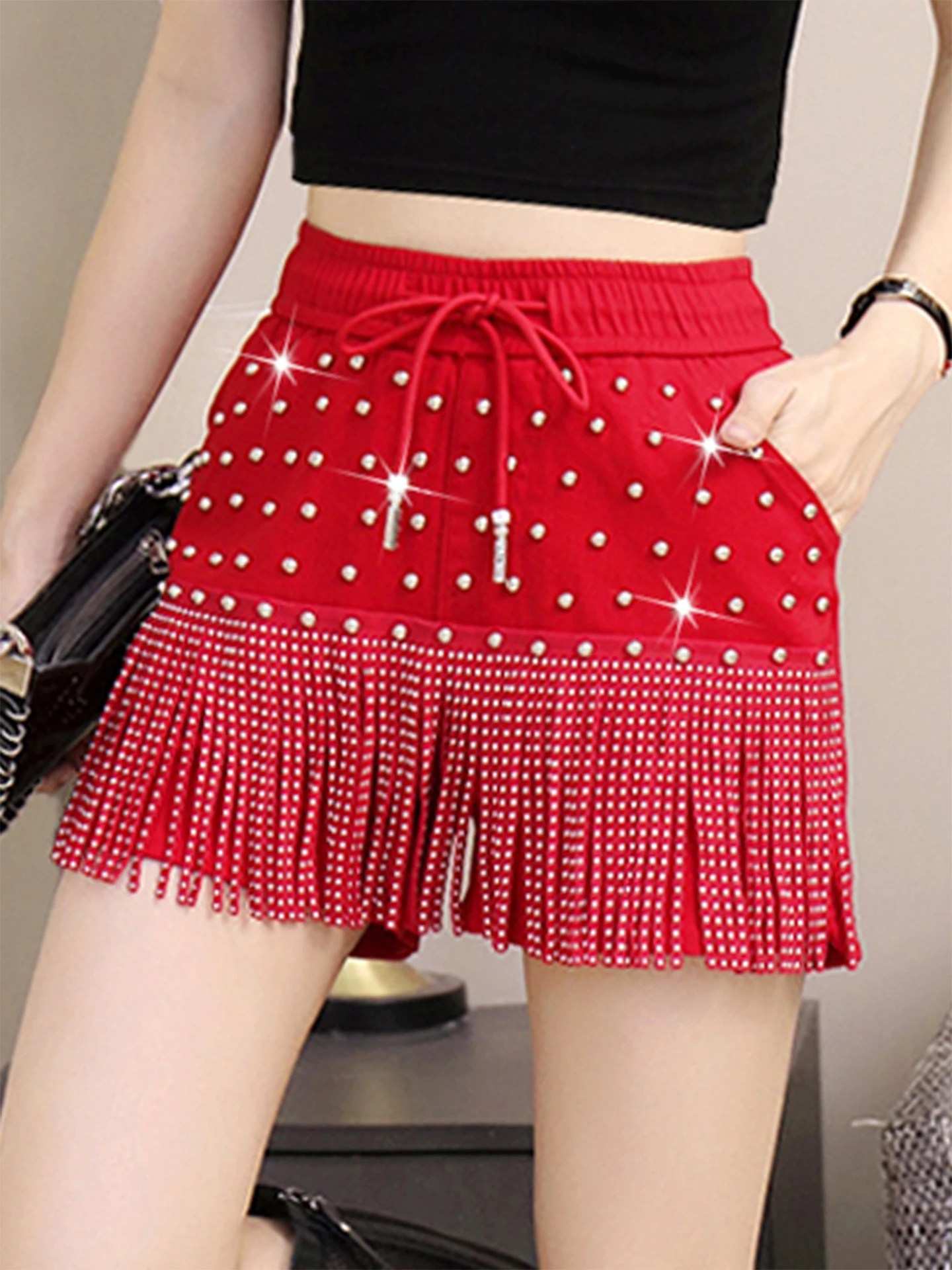 Taille haute Rivet ort pantalon femmes taille élastique nouveau Faion coréen Sle américain fille chaude danse jupe pantalon vêtements de plein air