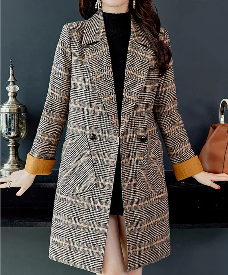 

Women Lapel Single Button Big Pockets Casual Commute Jackets Chic Office Lady Outwears Autumn Winter Warm Plaid Long Blend Coats