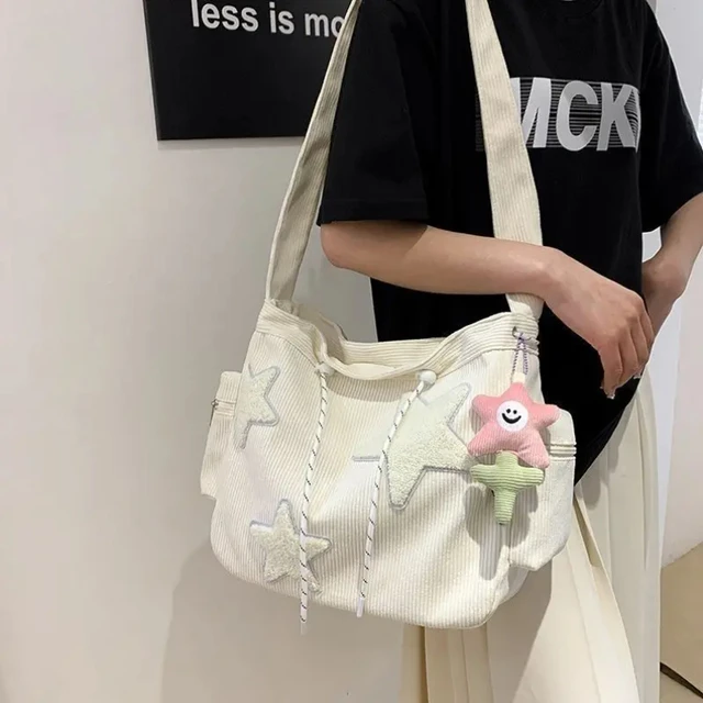 Niszowy projekt torebka gwiazda studentka o dużej pojemności dojazdy do pracy sztruksowa torba na ramię Crossbody Y2k Streetwear torby z grubej bawełny